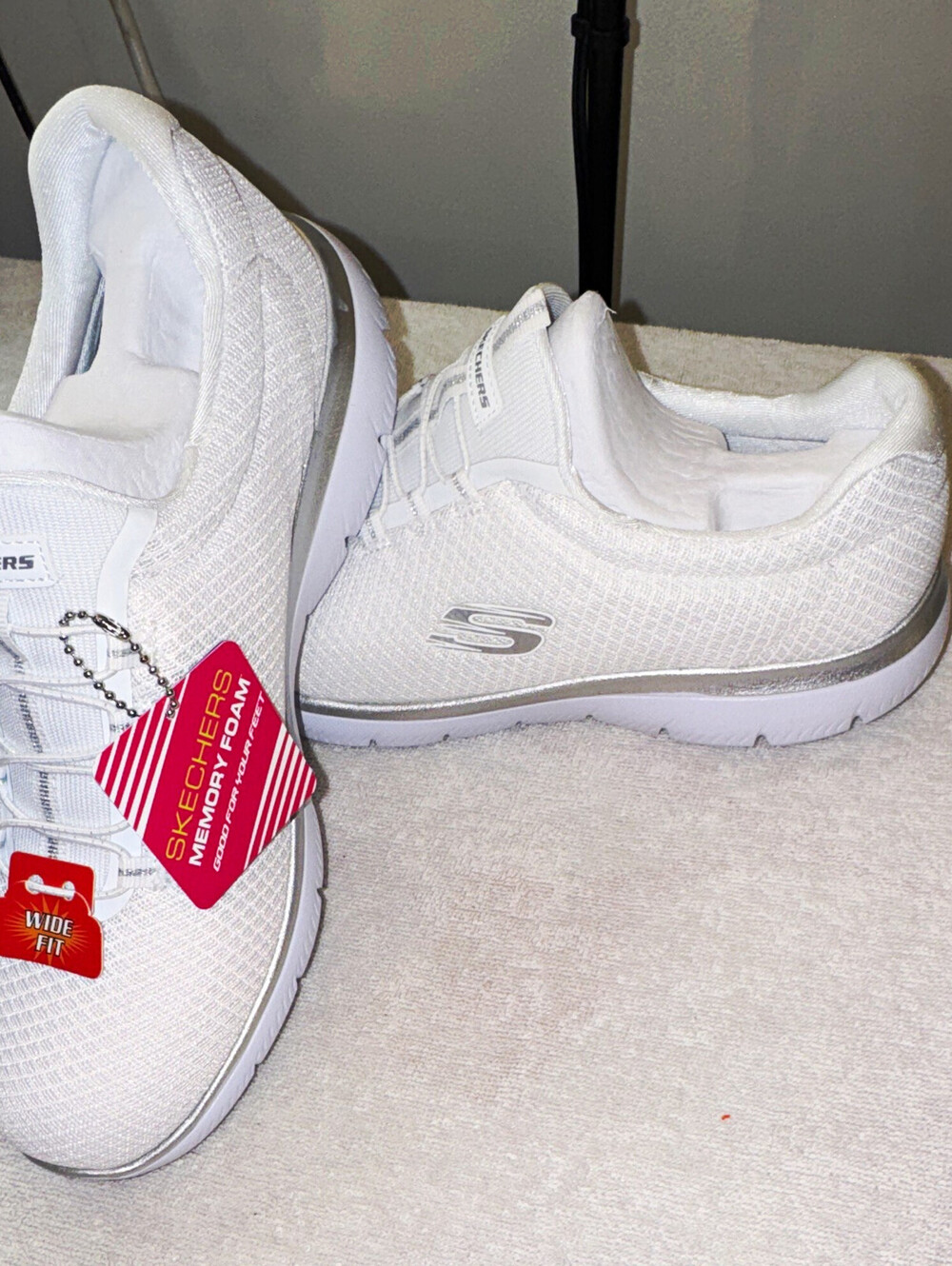SKECHERS Memory Foam Wide Fit Slip-On Athletic Sneakers White/Silver Men
